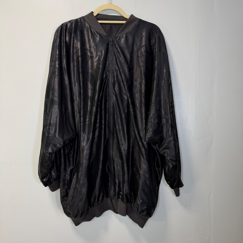 Vintage Floral Jacquard Oversized Bomber Jacket Black Batwing Sleeve